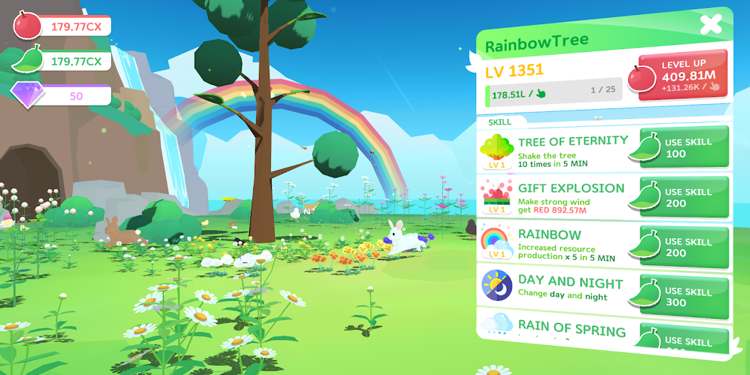 꽃밭과 동물, 무지개나무 성장 및 스킬 메뉴가 보이는 RainbowTrees 게임 화면